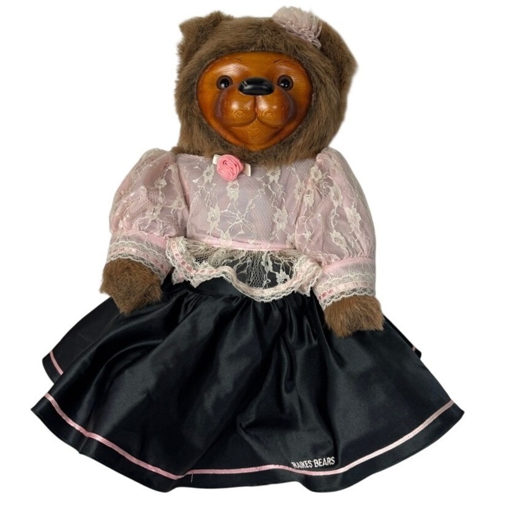 Raikes Bears Wooden Face Plush Teddy Bear Pink Lace Black Skirt Victorian Style